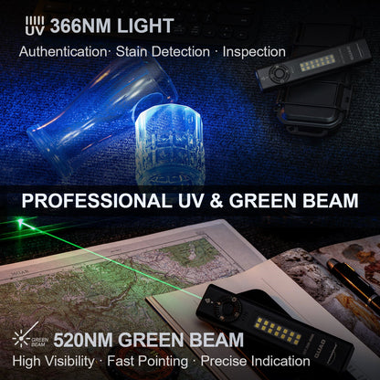 POWERTAC QUAD 2000 Lumen Flashlight | 4-in-1 Flat Design | USB-C Rechargeable | Green Laser + UV + Warm Side Light | Brightest Multi-Beam Tactical Light
